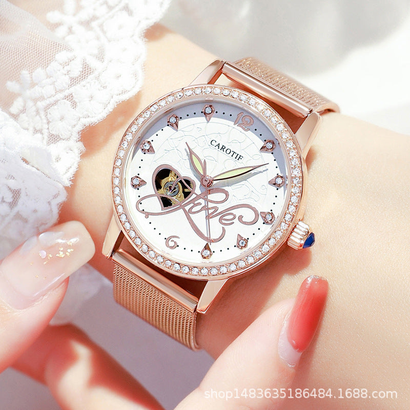 Rhinestone women's watch fashion trend mechanical watch mesh strap fully automatic hollow watch waterproof