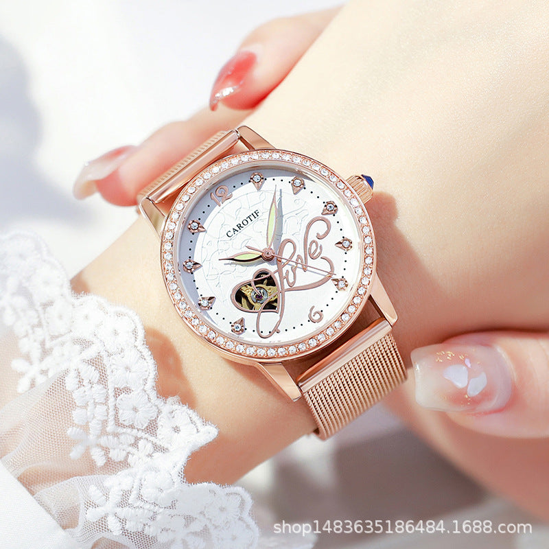 Rhinestone women's watch fashion trend mechanical watch mesh strap fully automatic hollow watch waterproof