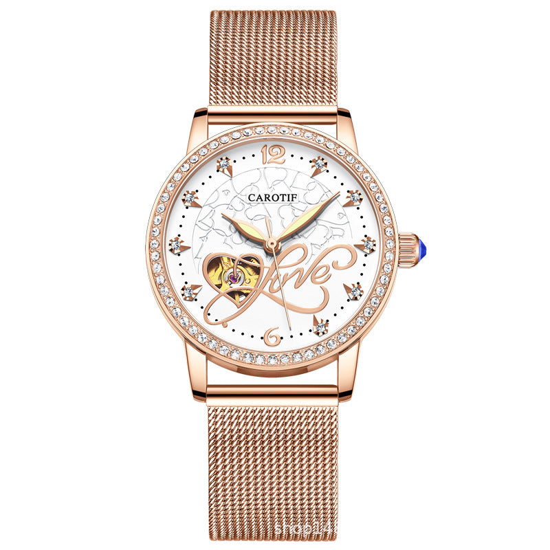 Rhinestone women's watch fashion trend mechanical watch mesh strap fully automatic hollow watch waterproof