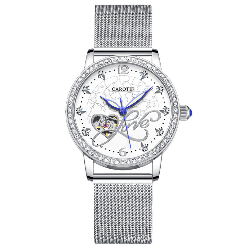 Rhinestone women's watch fashion trend mechanical watch mesh strap fully automatic hollow watch waterproof