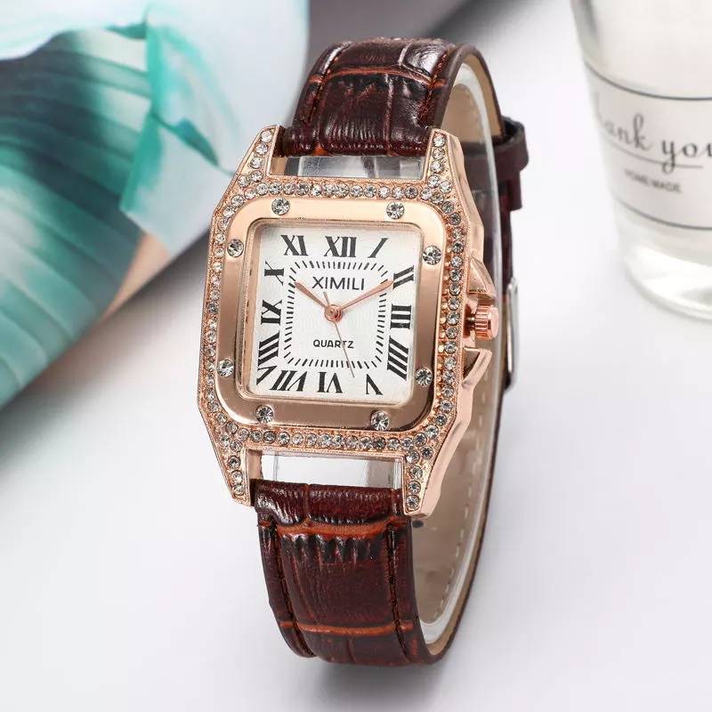 New fashion watch simple square trendy women's watch water diamond English watch