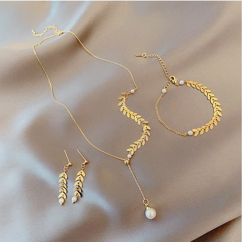 Three-piece niche design wheat ear pearl necklace, earrings and bracelet set